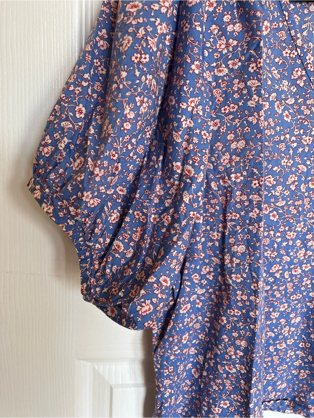 Madewell Womens Blue And Red Blouse Puff Sleeve, V-neck, Size Medium